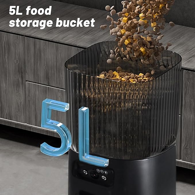 Automatic Cat Feeder, 5L Smart Pet Feeder Cat Dry Food Dispenser, Voice Interactive Dog Feeder with App Remote Video, Timed Feeding for Small Medium Dog Pets Puppy Kitten (Single