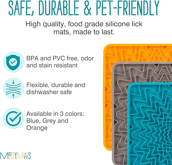 Messy Mutts Framed Silicone Therapeutic Licking Mat | 9.5" x 9.5" | Slow Feeder Mat for Boredom & Anxiety | Lick Pad for Dogs & Cats | Grey