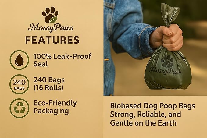 MossyPaws Biobased Dog Poop Bags – 240 Count (16 Rolls) – Plant-Based, Leak-Proof, Durable – Eco-Friendly Pet Waste Bags with Recyclable Packaging – 9x13 Inch – Fits All Dispensers