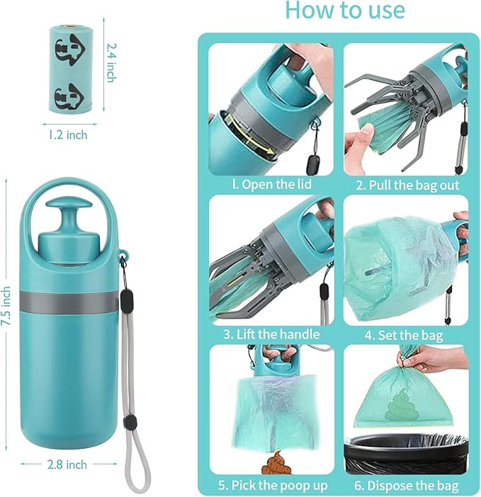 Dog Pooper Scooper, Portable No Touch Poop Scooper for Small Medium Large Dogs, Dog Waste Pick-up Cleaner with 15PCS Bag Attachment and Leak-Proof Waste Storage Container
