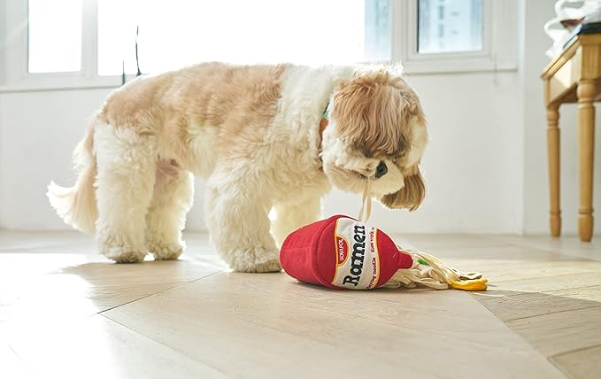 Dog Plush Chew Toy - Interactive Nose Work Pet Ramen Noodle Cup Fun Play Hide and Seek Food Dispensing Treat Small Medium Breed Cat Puppy SKU-3001