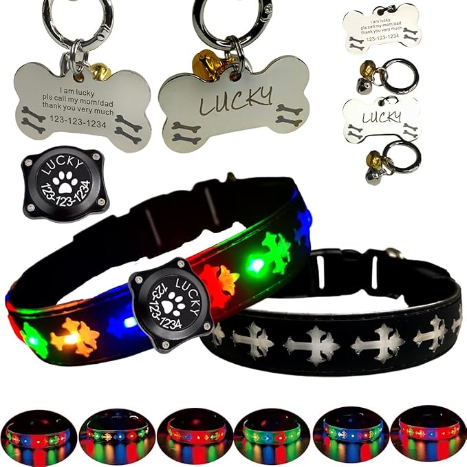 Pet Collar with AirTag Holder and ID Tag, 15 Lighting Modes, Waterproof Cross Pattern Design, Multiple Colors (Black Pro, XL(19.7-23.6"))