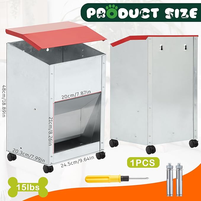 15 lb Automatic Dog Feeder for Large Breed with Wheels Galvanized Gravity Dog Food Dispenser Outdoor Pet Self Feeding, Easy to Move with Rolling Wheels