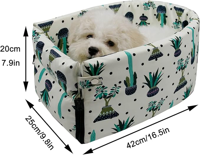 Pet Safety Booster Seat, Center Console Car Seat for Small Dogs Cats, Puppy Armrest Booster Seat, Pet Washable Travel Armrests Bed Bag, Removable Dog Car Seat for Small Pets Up to 13 Lbs (Cactus)