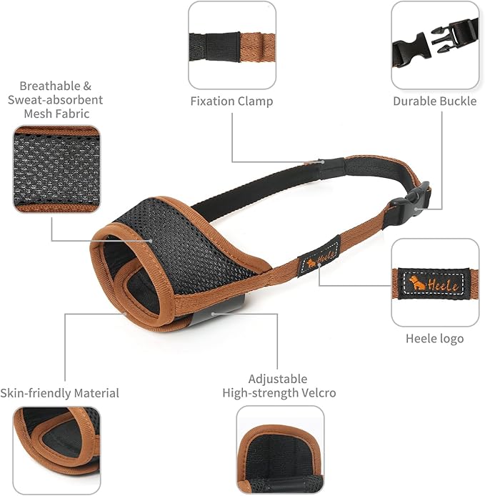 HEELE Dog Muzzle,Soft Nylon Muzzle Anti Biting Barking Chewing,Air Mesh Breathable Drinkable Adjustable Loop Pets Muzzle for Small Medium Large Dogs 4 Colors 4 Sizes (Brown, XL)