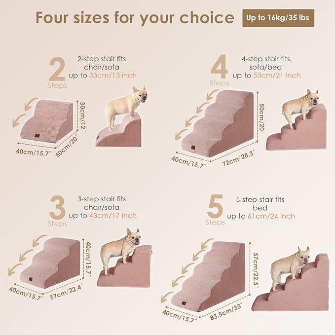 EHEYCIGA Curved Dog Stairs Ramp for High Beds 22.6" H, 5-Step Dog Steps for Small Dogs and Cats, Pet Stairs for High Bed Climbing, Non-Slip Balanced Pet Step Indoor, Dusty Pink