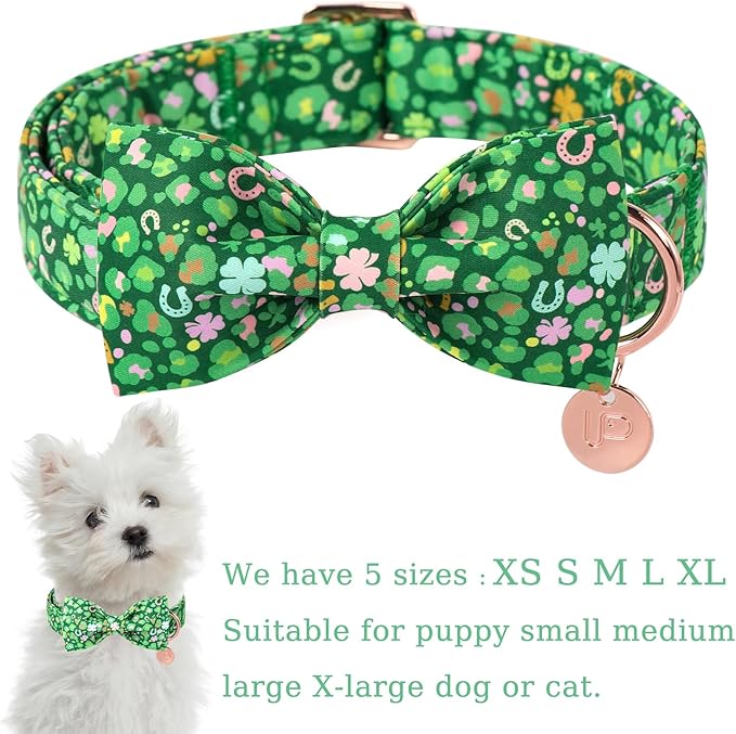 St. Patrick's Day Dog Collar with Bow Tie, Spring Shamrock Bowtie Collar for Girl Boy Dog, Lucky Clover Dogs Collars with Metal Buckle, Green Collars for Dogs, S, Neck 10-16in
