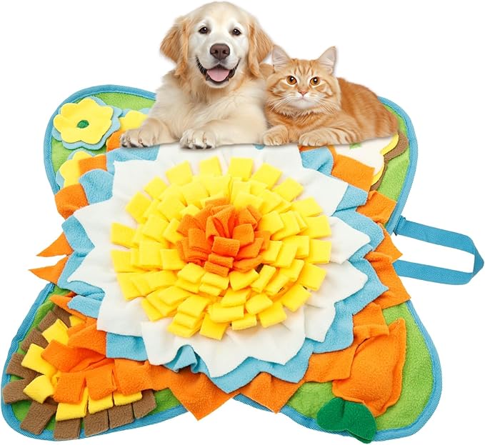 Snuffle Mat for Dogs Cats Rabbits, Plush Fabric Flower Shape Slow Eating Mat with Anti-Slip Bottom, 23.62 x 23.62 inch for Small & Medium, Rabbit Foraging Mats, Relieve Anxiety