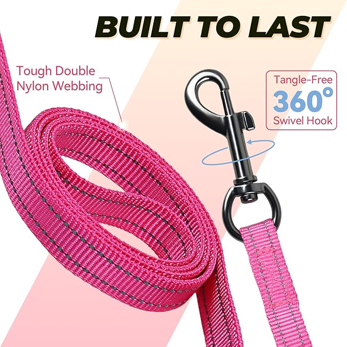 VIVAGLORY Twingrip Dog Leash, Double Handle Dog Leash for Training & Walking with Traffic Handle & 2 Loop, Traffic Control Reflective Heavy Duty for Puppy Pet, 5ft x 1/2in, Pink