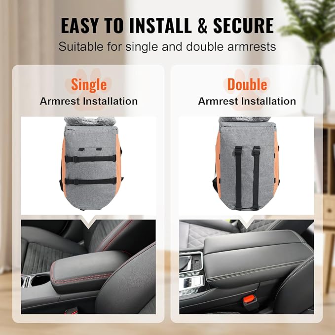 Happybuy Console Dog Car Seat, Center Console Dog Booster Seat for Small Dog, Pet Car Seat for Car Armrest with Clip-On Leash, Adjustable Straps, Supports up to 8lbs, Dark Gray