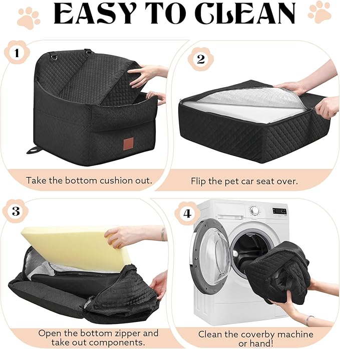 Dog Car Seat for Small/Medium Dogs Under 35lbs, Memory Foam Dog Booster Seats with Washable Removable Cover, Travel Portable Pet Car Seat with 2 Safety Belts and Storage Pockets (Black, Medium)
