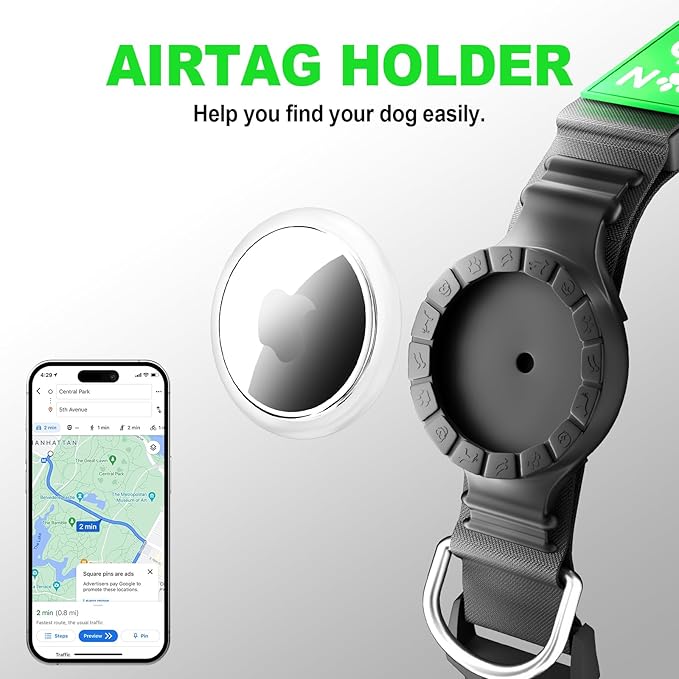 Airtag Dog Collar Light Dog Collars with AirTag Holder Rechargeable LED Dog Collar for Night Walking Adjustable Cool Pet Collar for Dogs Outdoor Waterproof Dog Collar Green