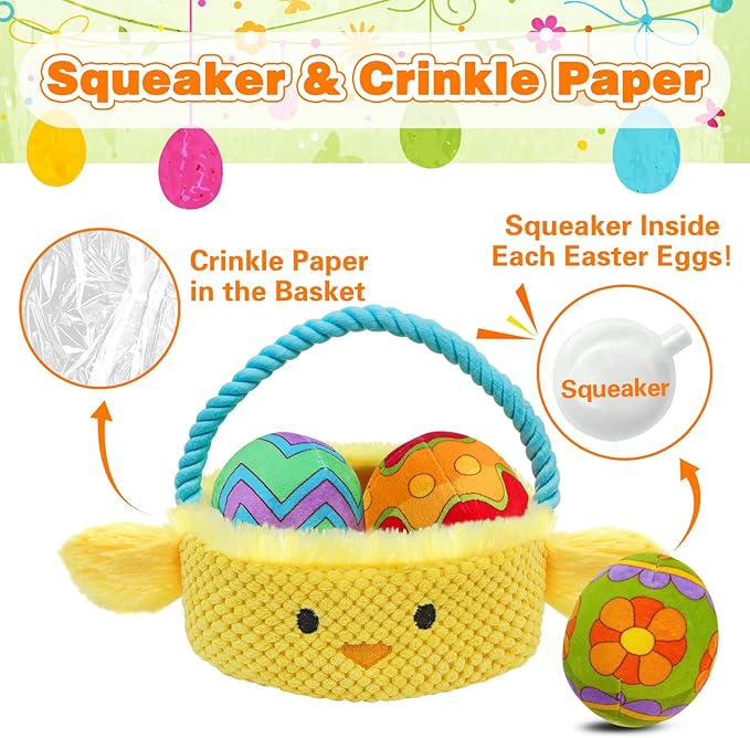 Easter Dog Toys, Easter Basket Hide and Seek Dog Toy, Squeaky Interactive Puzzle Dog Toys Built-in Crinkle Paper for Boredom and Stimulation, Easter Dog Gifts for Small and Medium Dogs