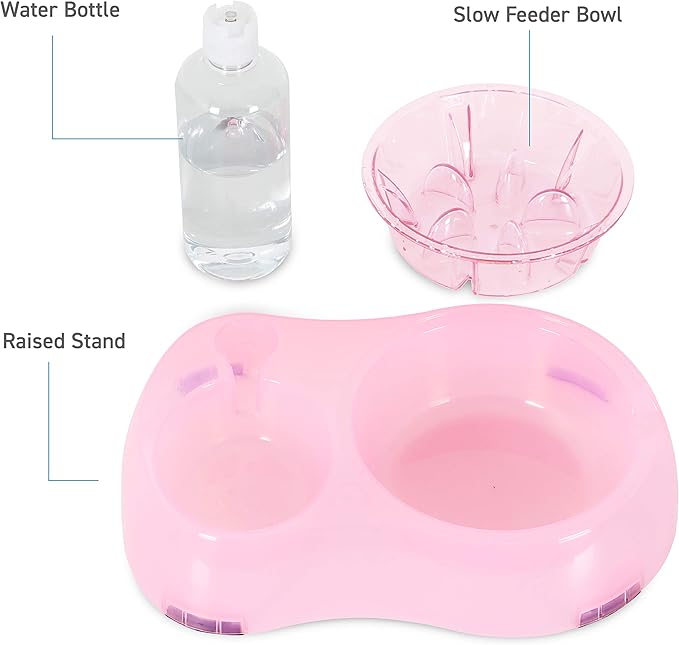 Slow Feeder Bowl, Elevated, Double Transparent for Cats, Small Dogs, Pet Automatic Water Feeder with Water Bottle