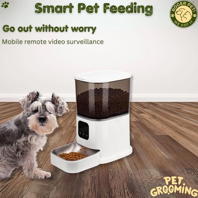 ROGER PET Smart Automatic Pet Feeder with Camera and Dispenser, Wi-Fi Automatic Cat Feeder with APP Control and Timer, Two Way Audio Video Clear Night Vision, Automatic Dog Feeder - Pet Supplies.
