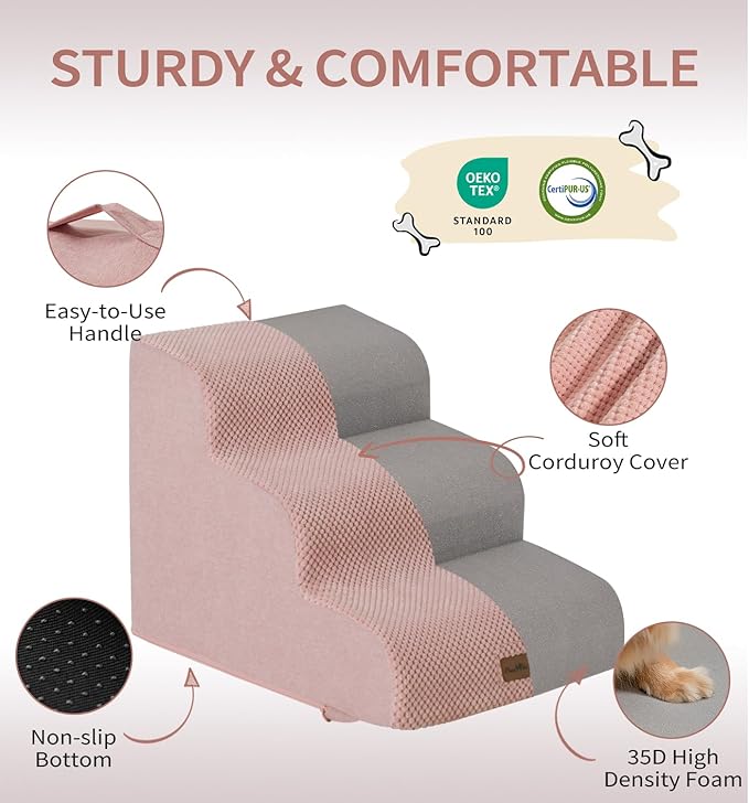 Made4Pets Dog Stairs Ramp for Bed 19.7" H, 4-Step Dog Steps for High Bed Couch Sofa Climbing, 35D Foam Pet Steps for Small Dogs and Cats, Non-Slip Bottom Pet Stairs, Pink