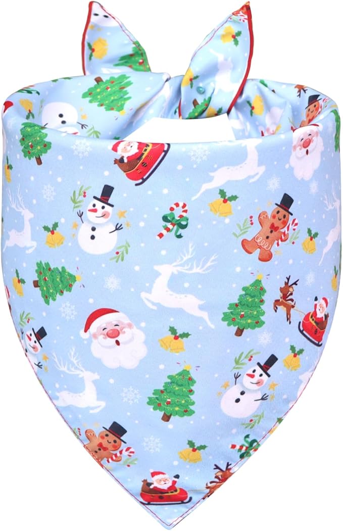 Christmas Dog Bandana for Large and X-Large Dogs - Reversible Red & Blue Santa Snowman Print Scarf - Adjustable Pet Costume for Holiday Photos & Gifts