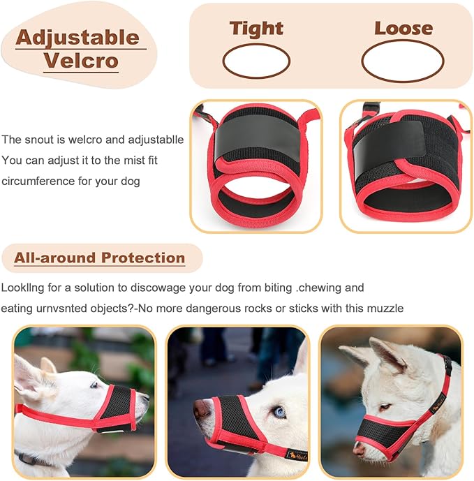 HEELE Dog Muzzle,Soft Nylon Muzzle Anti Biting Barking Chewing,Air Mesh Breathable Drinkable Adjustable Loop Pets Muzzle for Small Medium Large Dogs 4 Colors 4 Sizes (Red, L)