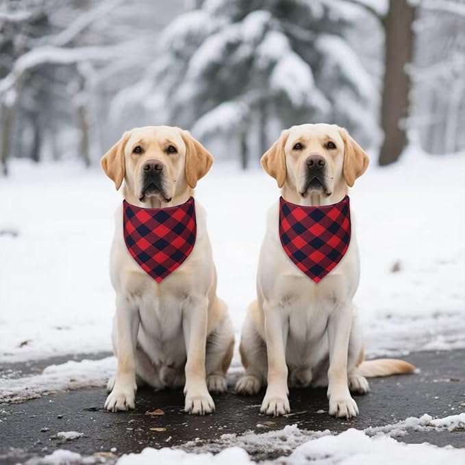 Plaid Dog Bandanas 2 Pack for Large X-Large Dogs - Reversible Red Black Buffalo Check Scarf, Farmhouse Style Pet Accessory for Photos & Parties