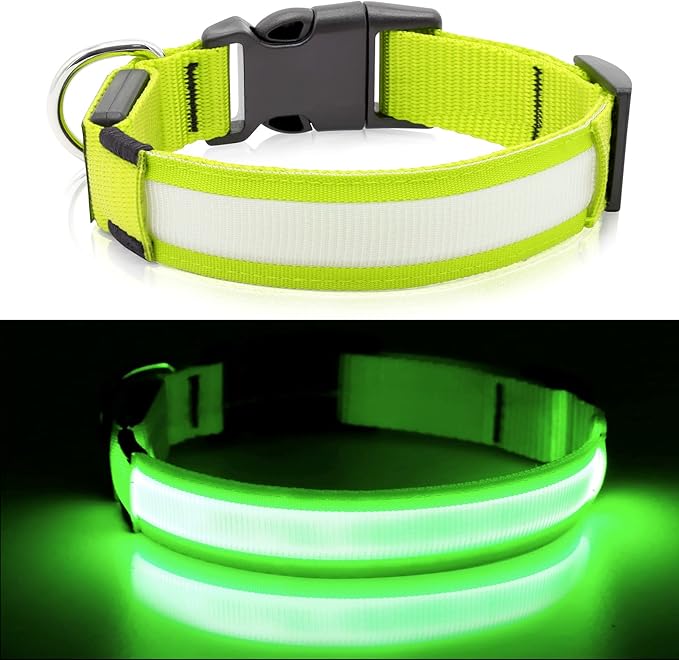 BSEEN Light Up Dog Collars - Rechargeable LED Dog Collar, Adjustable Dog Glow Collar, Reflective Pet Collar, Flashing Dog Lights for Night Walking (Neon Green, Large)
