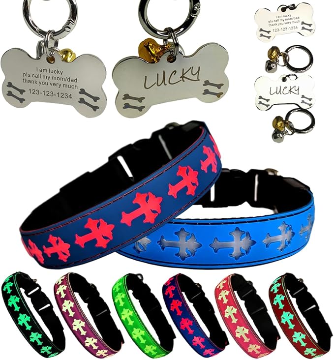LED Dog Collar with ID Tag Set, Glowing Cross Pattern, Multiple Colors, Silicone Material (Blue, XL(19.7-23.6"))