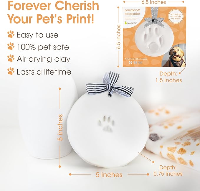 Pearhead Pet Paw Print Keepsake Ornament Kit, Memorial Clay Paw Impression for Dogs & Cats, DIY Hanging Pet Memorial with Ribbons, Pet Keepsake Gift