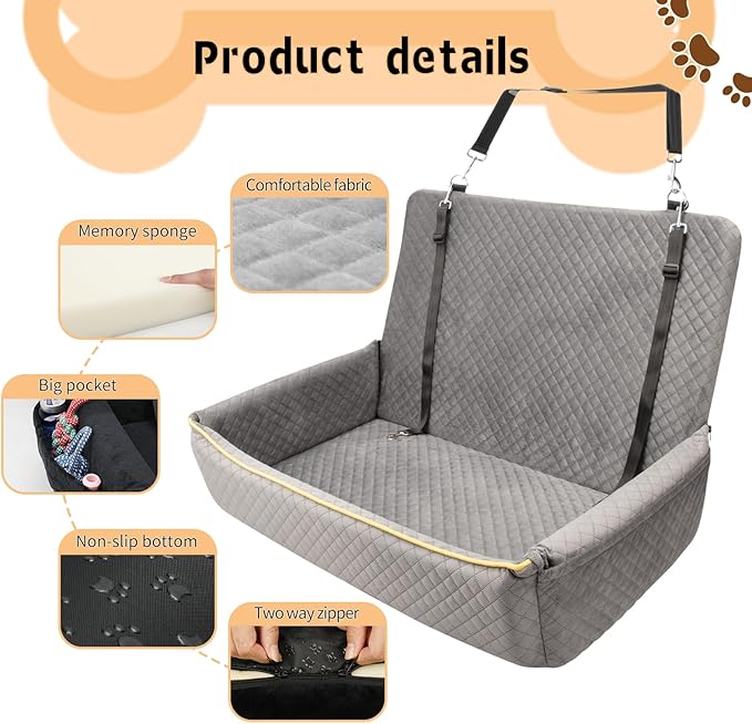 Large Dog Car Seat Under 60 lbs or 2 Small Dogs,Dog Bed for Car Back Seat with Seat Belt Fixation,The Seat Fabric Soft and Comfortable,Size is 31.5in x 20in x 21.5in,Removable and Washable.(Grey)