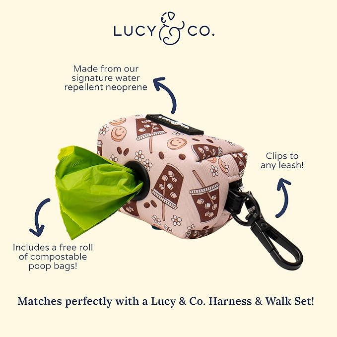 Lucy & Co. Dog Poop Bag Holder - Leak Proof Dispenser with Leash Attachment - Easy Refills - Hygienic Pet Poop Pickup - Tan White Coffee