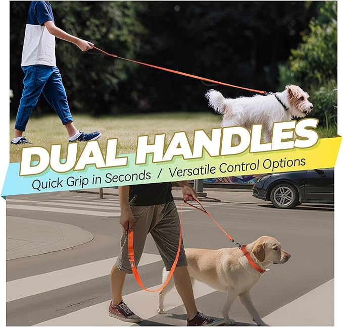 VIVAGLORY Twingrip Dog Leash, Double Handle Dog Leash for Training & Walking with Traffic Handle & 2 Loop, Traffic Control Reflective Heavy Duty for Puppy Pet, 4ft x 1/2in, Orange
