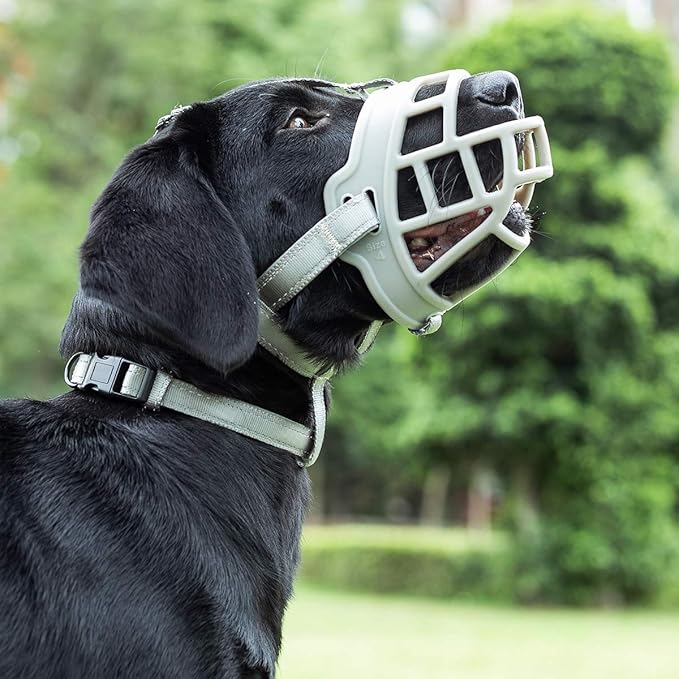 BARKLESS Dog Muzzle, Soft Silicone Basket Muzzle for Dogs, Allows Panting and Drinking, Prevents Unwanted Barking Biting and Chewing, Included Collar and Training Guide