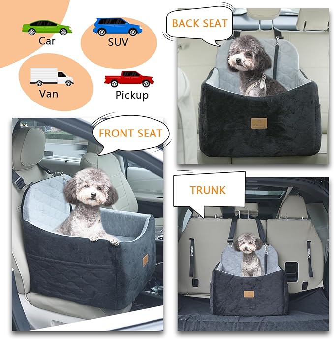 Dog Car Seat for Small/Medium Dog/Cat up to 30 lbs Memory Foam Pet Booster Seat with Detachable Washable Cover Travel-Safe Car Bed with Safety Belt/Storage Pockets Easy to Install