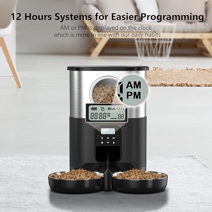 Automatic Pet Feeder, 5L Quantitative Feeding Stainless Steel 2 Bowls Dog Food Dispenser Large Capacity Automatic Timed Cat Feeders with Visable Window for Cats Dogs (Black)