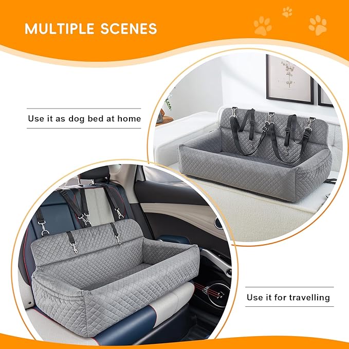 Dog Car Seat for Large Medium Dog,Washable Dog Booster Seat for Medium Large Dogs,Multi-Functional Dog Booster Seat with Thick Cushion, Safety Leashes Dog Sofa Cushion & Travel Dog Bed (Grey, 90cm)