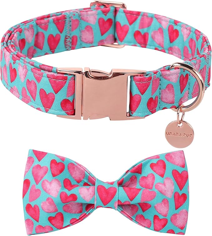 Valentine’s Day Dog Collar with Bow Tie, Pink Heart Bowtie Collar with Metal Buckle, Valentine’s Day Gift Pet Collar for Puppy Girl Boy Dog or Cat, Wedding Dog Collar, S, Neck 10-16in