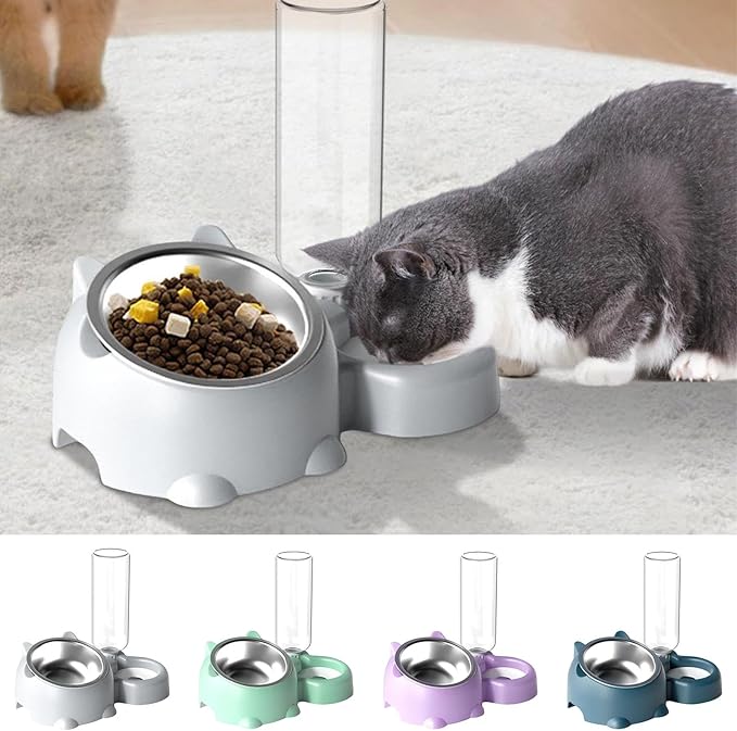 Cat Food and Water Bowl Set, Automatic Dog Dish Bowl with Water Dispenser, Removable Drinking and Eating Bowls, No-Spill Pet Feeder for Puppy, Medium Dogs & Cats (Grey)