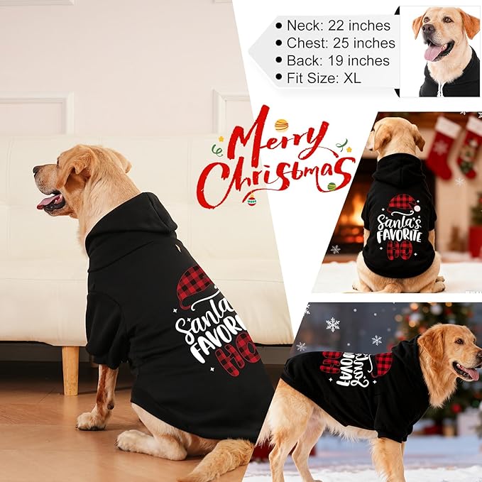 EXPAWLORER Dog Christmas Hoodie - Dog Christmas Sweater Xmas Sweatshirt with Santa Hat Print, Warm Fleece Lined Holiday Pet Outfit with Leash Hole, Cozy Soft Pet Clothes Coat for Large Dogs, L