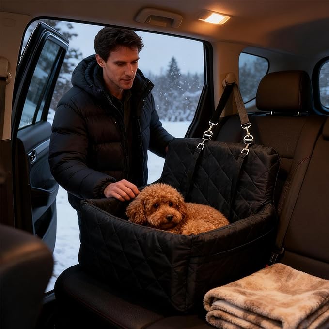 Dog Car Seat, with Side Pockets, 45x45x35cm, Memory Foam Dog Booster Car Seat, Detachable Washable Pet Travel Bed, Comfortable Padding, for Travel, Road Trips,Camping, Vet Visits, Daily