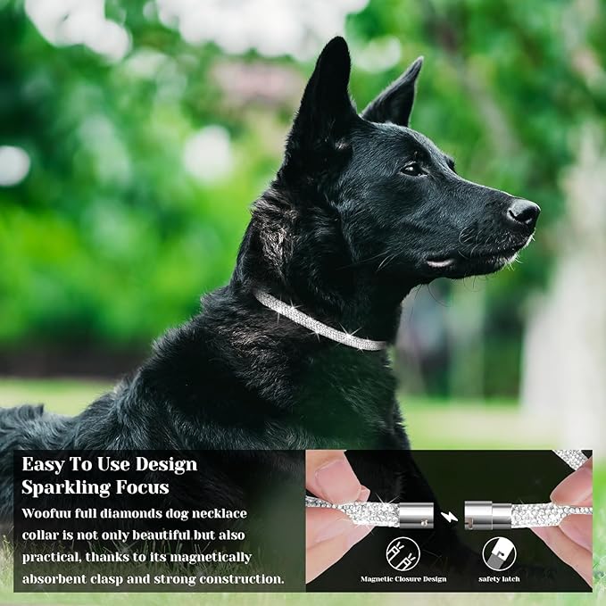 Stylish and Luxurious Diamond Dog Collar,Magnetically Absorbent Clasp,Full Diamond Design,Perfect for Wedding and Everyday Walking - Studded with Diamons Necklace Collar for Medium Dogs,18''