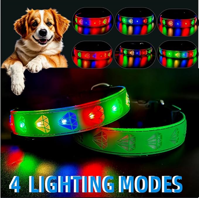 LED Dog Collar with Diamond Pattern, 15 Light Modes, with Bonus Pet ID Tag and Bell (Green Pro, M(11.8-15.7"))