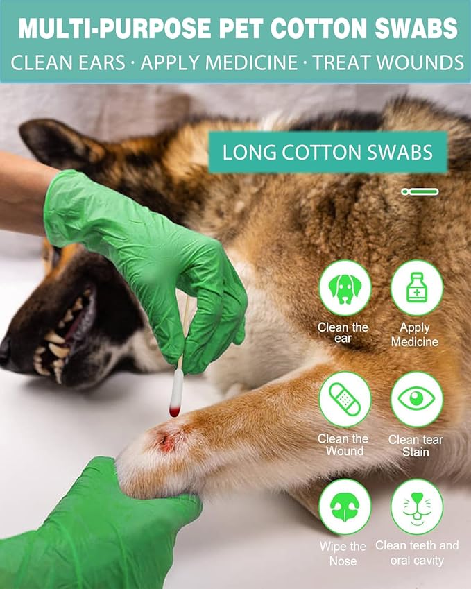 Dog Ear Swabs 200 Count - 6 Inch Large Bamboo Cotton Swabs for Ear Cleaning, Tear Stain & Nose Fold Care | Soft Lint-Free Tips, Sturdy Applicators | Medium to Large Dog Grooming Supplies