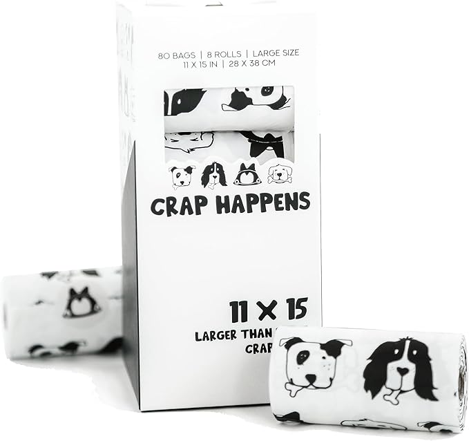 EXTRA Large Dog Poop bags | CRAP HAPPENS | 11x15 inches | Animal Bags for Waste | Leakproof and Odorless (High Density Polyethylene)