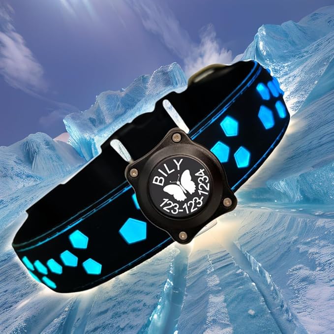 customerlized Dog Collar USB Rechargeable, Waterproof airtag Holder LED Light Up PET Collars Adjustable Soft Silicone Collar for Medium Large Dogs (Black, S(7.87-11.8"))
