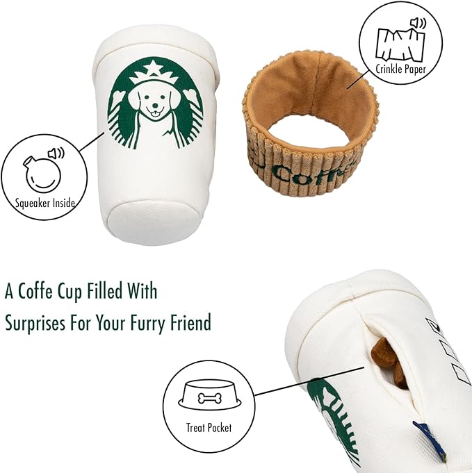 Interactive Dog Toy Set, Squeaky Laptop Computer and Coffee Cup, City Life Theme