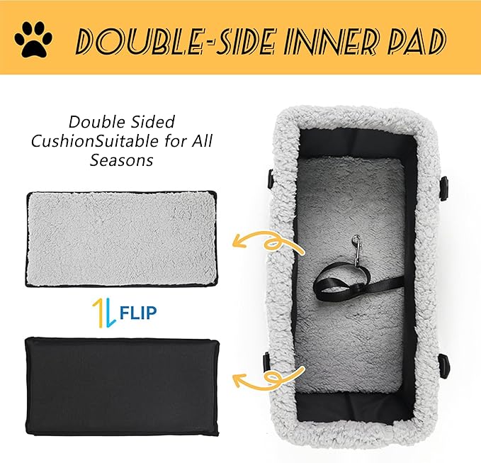 Center Console Dog Car Seat for Small Dogs Pets Under 20lbs with Additional Safety Belt Puppy Rope, Foldable&Washable Car Seats for Dogs with Pocket, Pet Cars Cushion, (Grey 17 * 8 * 9inch)