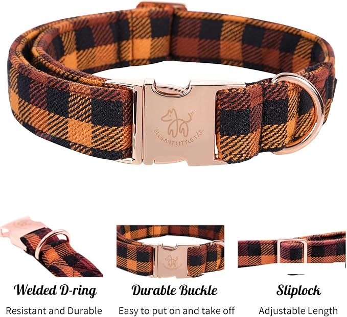 Elegant little tail Fall Dog Collar, Autumn Pet Collar Durable Yellow Plaid Dog Collars Male or Female Holiday Pet Gift Adjustable Dog Collar for Small Dogs