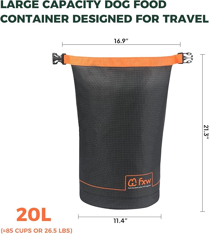 FXW Dog Food Travel Bag，Large Capacity for Travel Kibble Storage Perfect for RV Road Trips, Camping, Longterm Dog Boarding Gear Accessories Gray, 85 Cups