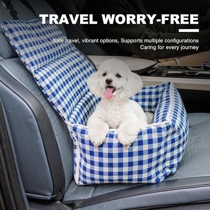 Pet Car Booster Seat for Small Dogs & Cats up to 25 lbs – Plaid Travel Seat with Safety Leash, Adjustable Straps, Non-Slip Base, 2-in-1 Convertible Bed, Detachable & Washable (Blue Plaid)