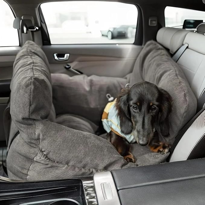 Pet Car Booster Seat, Soft Corduroy, Small Dog Cat Carrier with Safety Straps, Storage Pockets, 18x16x9 Inch, for Pets Under 25 lbs (Dark Brown)