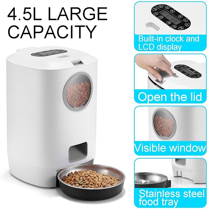 Automatic Pet Feeder with Stainless Steel Food Bowl, Dual Power Supply, Intelligent Timed Ration Feeding, Suitable for Cats and Dogs