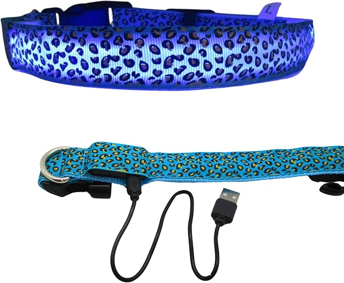 Leopard Dog Collar - Glow in The Dark USB Collar with Rechargeable Battery + Waterproof Design - Light Up Dog Collar - Blue (Large Size)